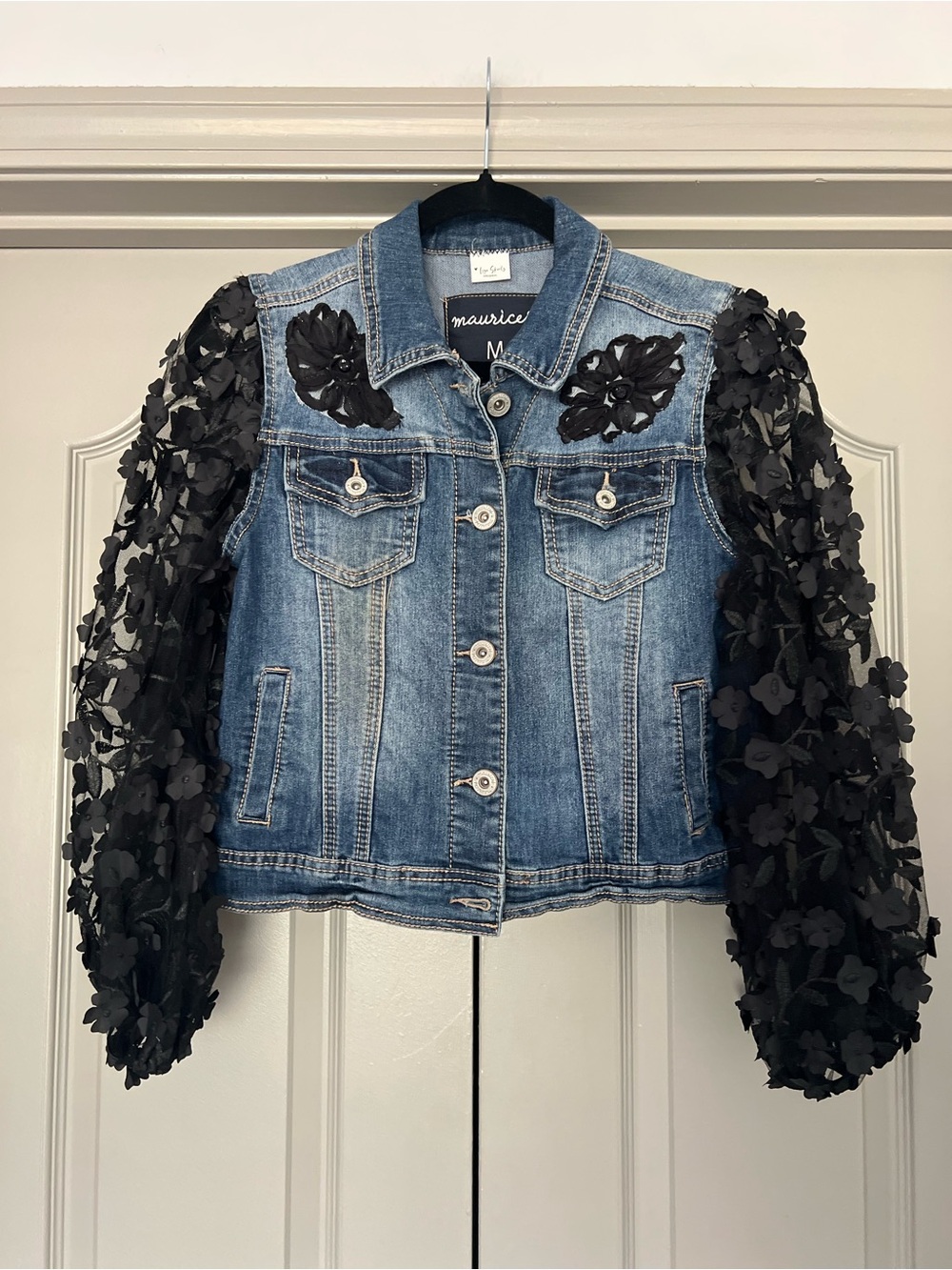 OOAK Romantic Goth Upcycled Denim Floral Mesh Jacket M Lisa Skeels Original - Picture 2 of 7
